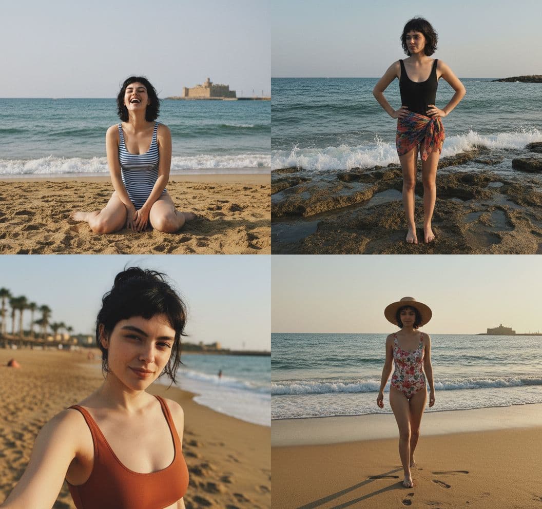 AI generated: collage of pics on the beach in alexandria taking different poses and different shots in her swimsui...