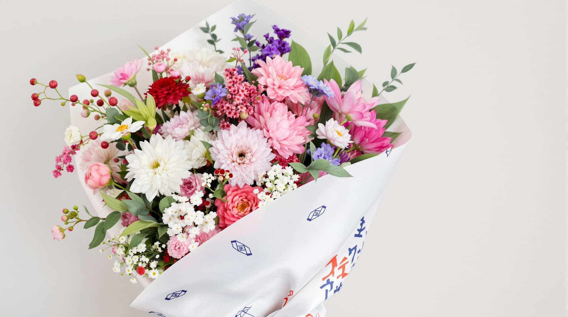 AI generated:  A stunningly vivid Japanese floral bouquet is showcased, partially wrapped in a furoshiki with pred...