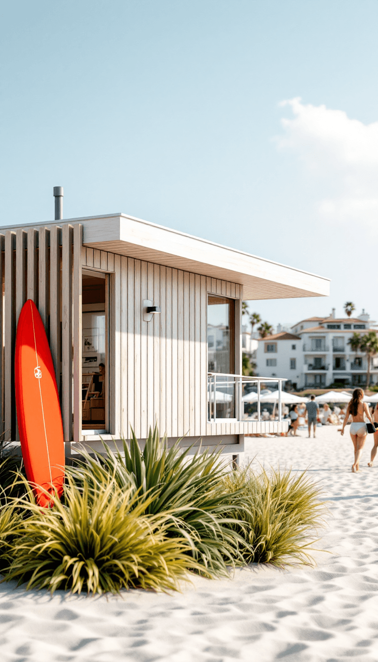AI generated: A high-quality vertical rendering of a modern coastal lifeguard station with sleek wooden slats and ...