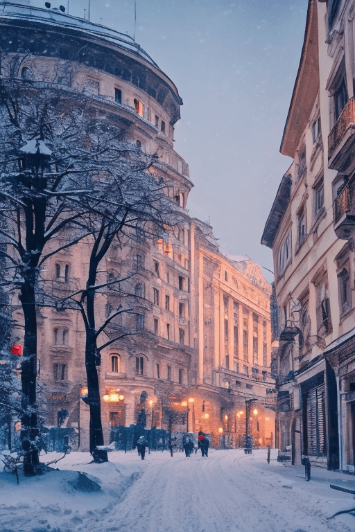 AI generated: Bucharest| street| old town| old city| winter| heavy snow| comprehensive cinematic| Atmosphere| Mast...