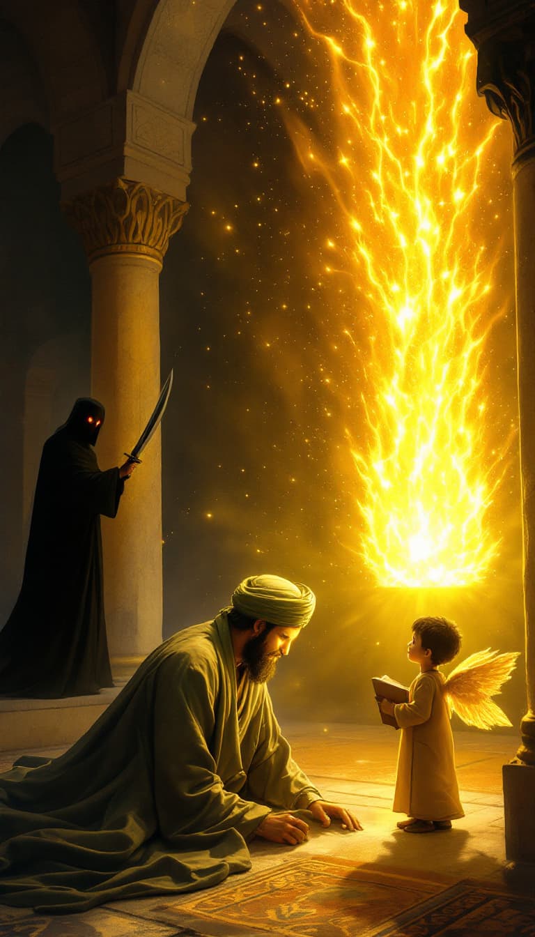 AI generated: "Inside the Kufa Mosque during the Night of Qadr, depict a deeply spiritual and dramatic moment. Ima...