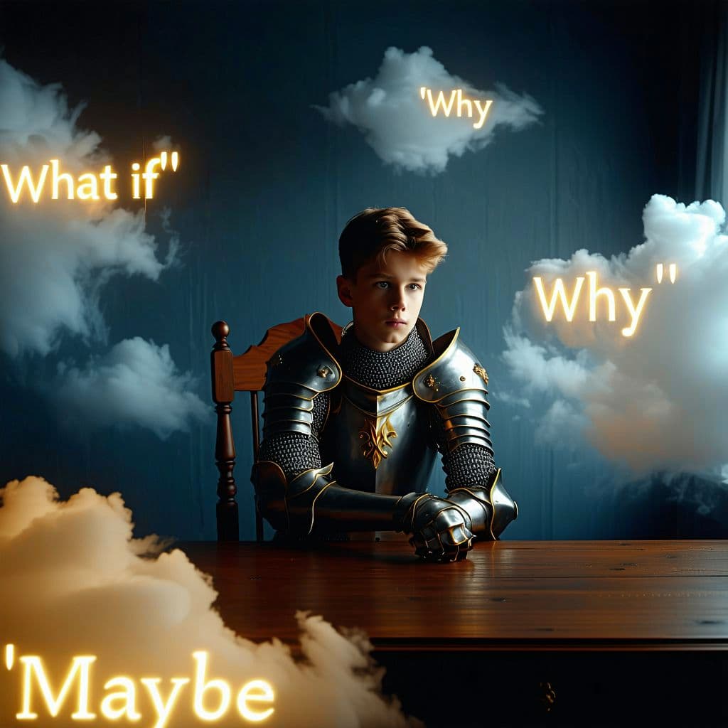 AI generated: "A surreal depiction of a young Medieval Knight sitting at a wooden desk in a dimly lit room, surrou...