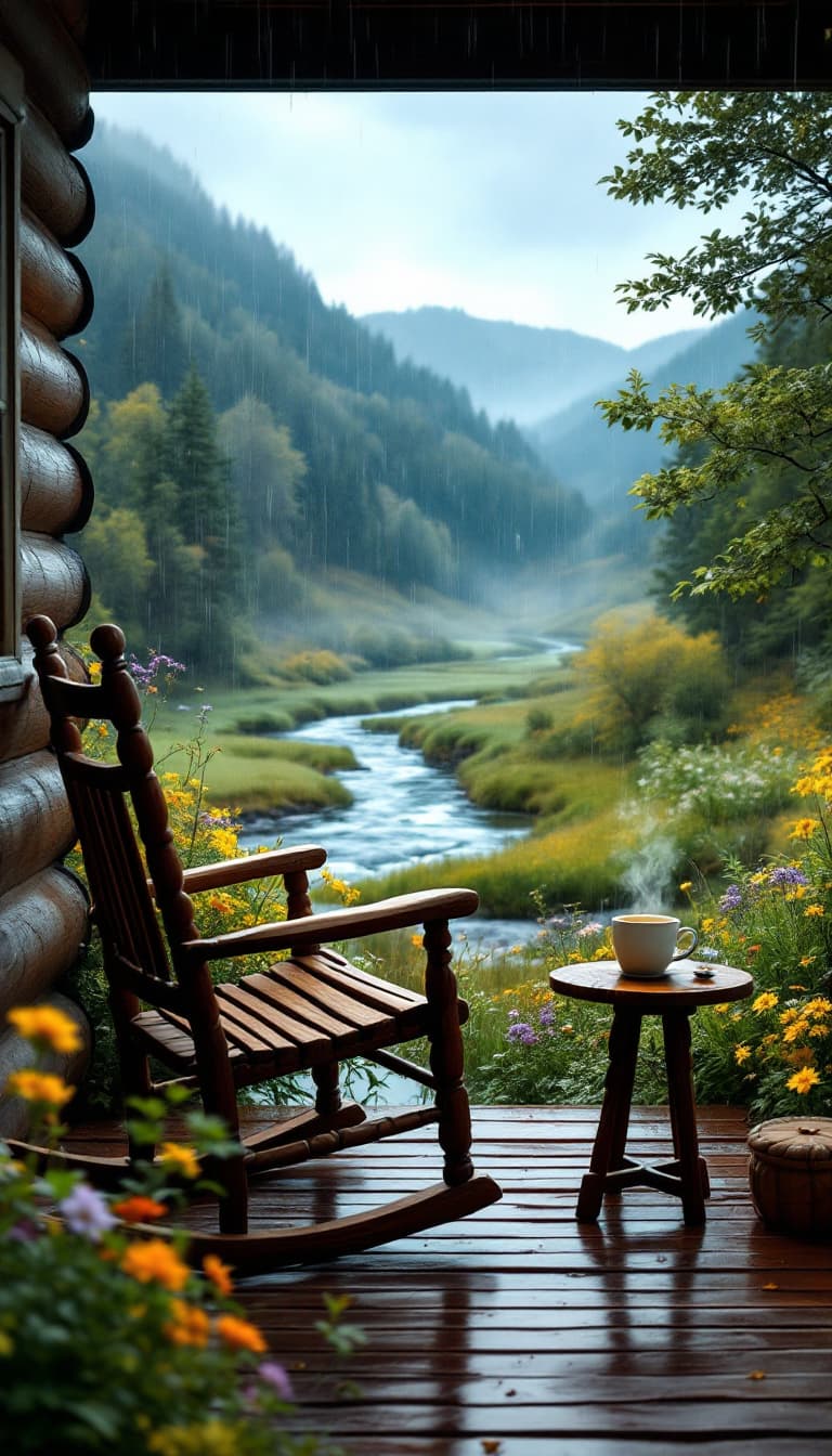 AI generated: A realistic, wide angle scene of a wooden rocking chair on a small porch on a log cabin. A small, wo...