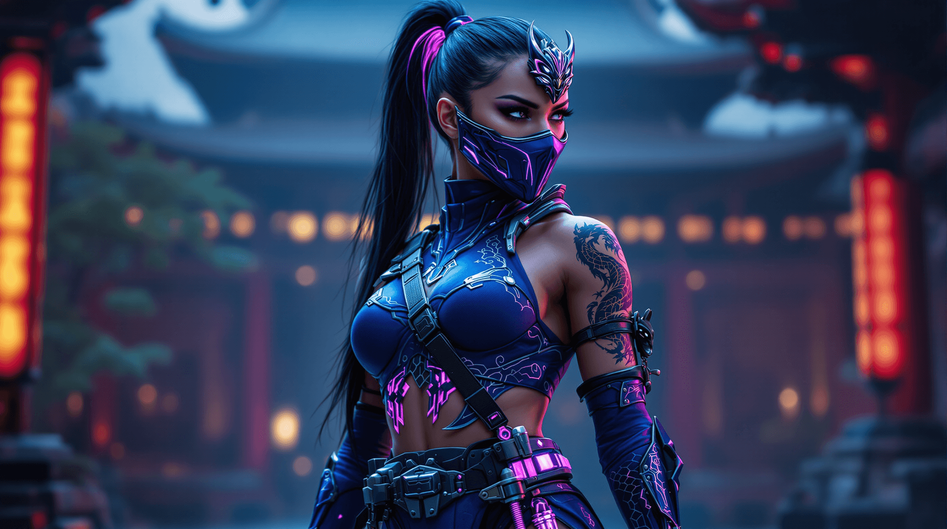 AI generated: A stunning Kitana warrior from Mortal Kombat, wearing a cyberpunk-inspired outfit in deep blue with ...