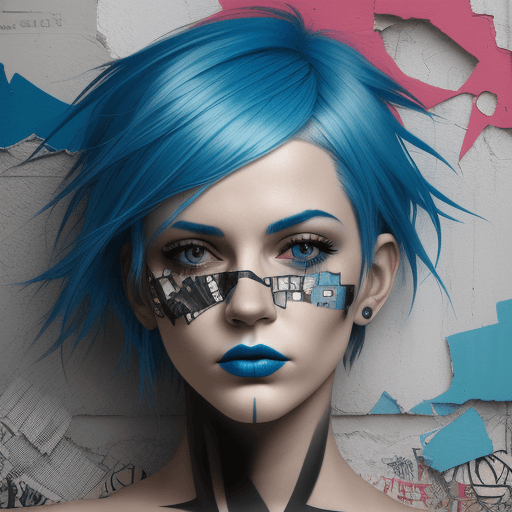 AI generated: woman with blue hair, in the style of multi-layered collages, edgy street art, celebrity-portraits, ...