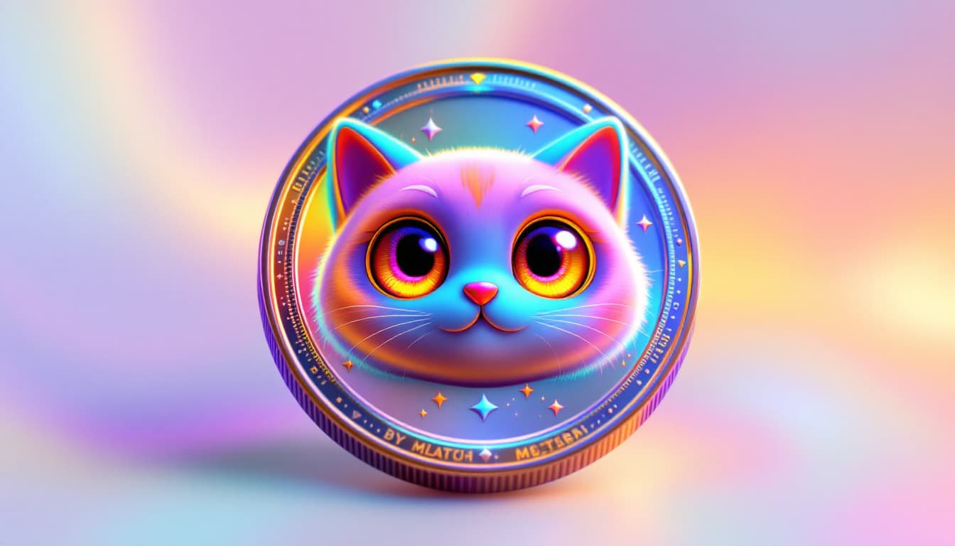 AI generated: A futuristic, holographic meme coin featuring a cute, cartoon-style cat face with large, playful eye...