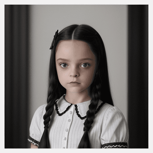 AI generated: um desenho em preto e branco de Wednesday Addams com as seguintes características:

- Ela está usand...