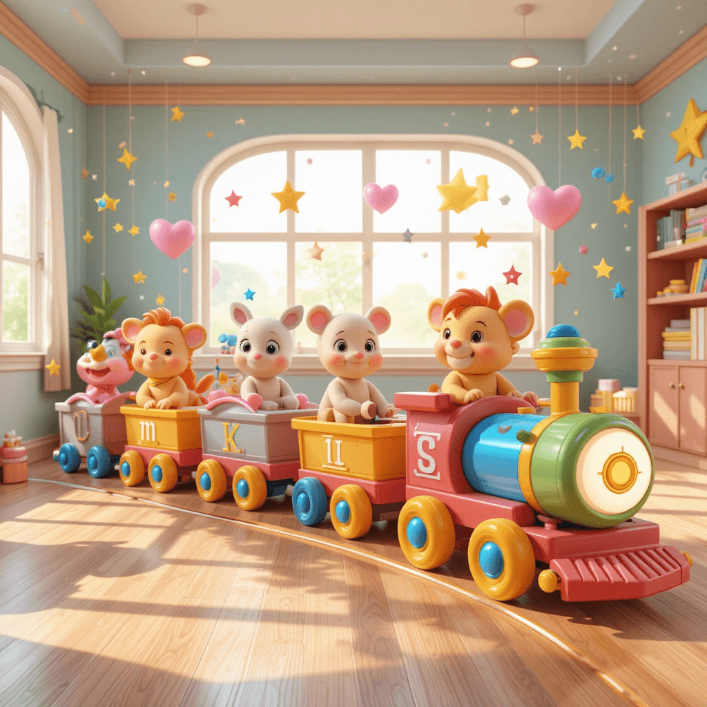 AI generated: A fun indoor playroom with a long, colorful toy train carrying cheerful baby animals, each sitting i...