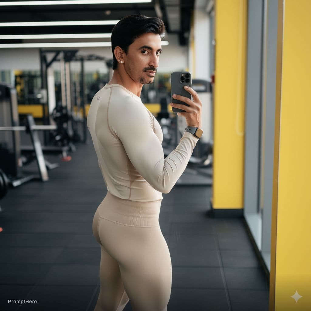 AI generated: Realistic gym mirror‑selfie of ME in a modern fitness center. Three‑quarter body shot from the side‑...