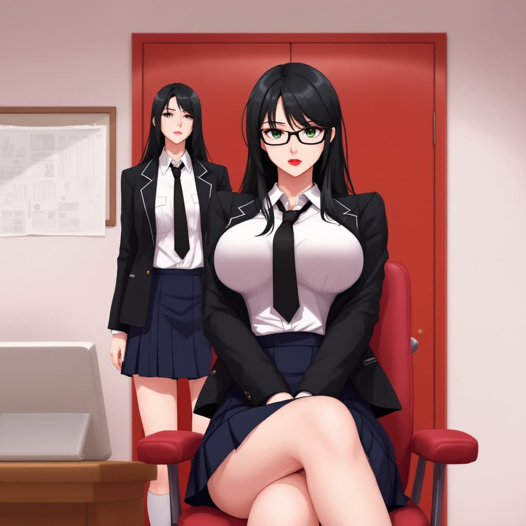 AI generated: anime, woman, black hair, long hair, green eyes, black glasses, red lips, white shirt, black tie, bl...