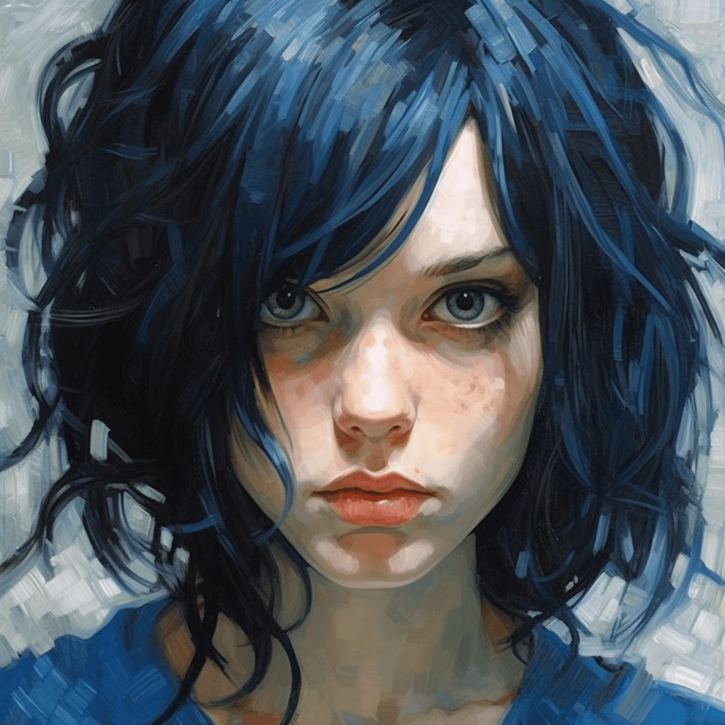 AI generated: young women :blue eyes :black hair :highly detailed :deconstructivism style --q 1 --s 250 --v 5.1