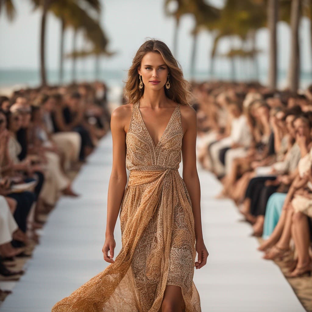 AI generated: Gorgeous model strutting the runway at a fashion show, wearing breathtaking summer outfits with intr...