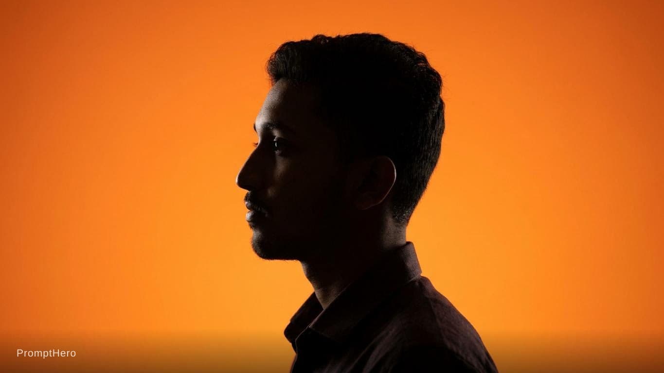 AI generated: photography, portrait of contrast, profile silhouette of a black man, vibrant orange backdrop, visua...