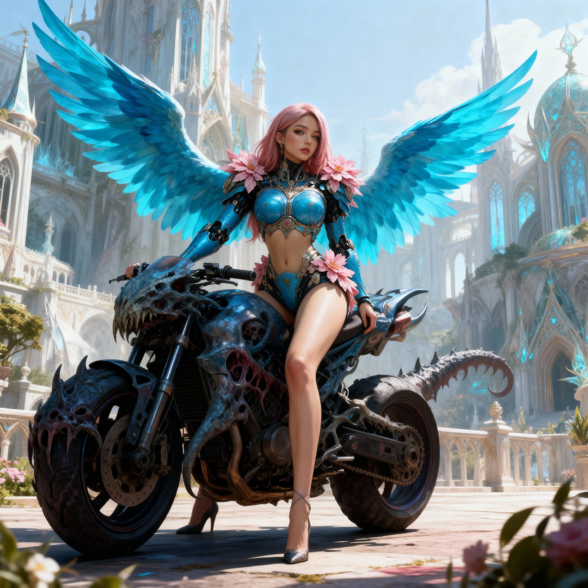 AI generated: stunning angel female,azure wings,azure blue armor decorated with flowers,,riding monster motobike i...