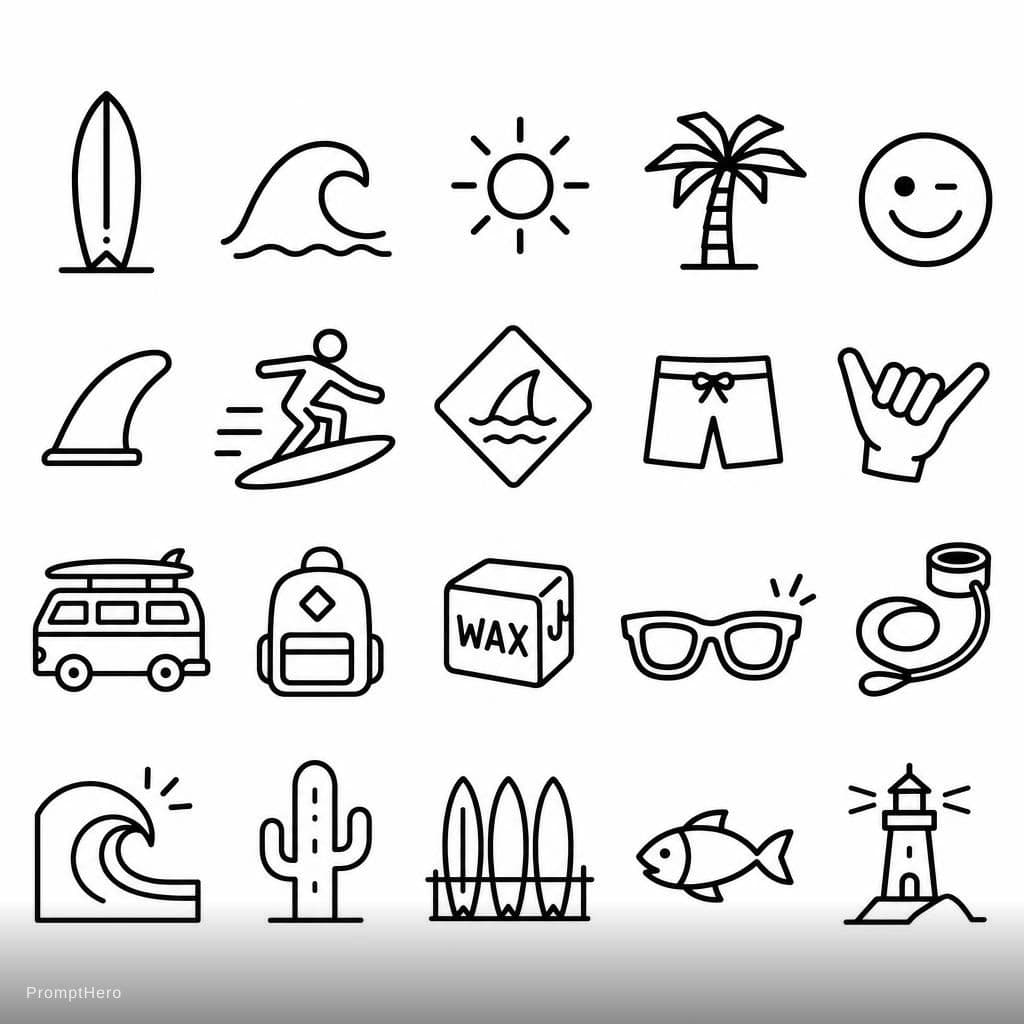 AI generated: black outline minimalist yet playful surf-themed icon pack for in a neo-brutalist website design