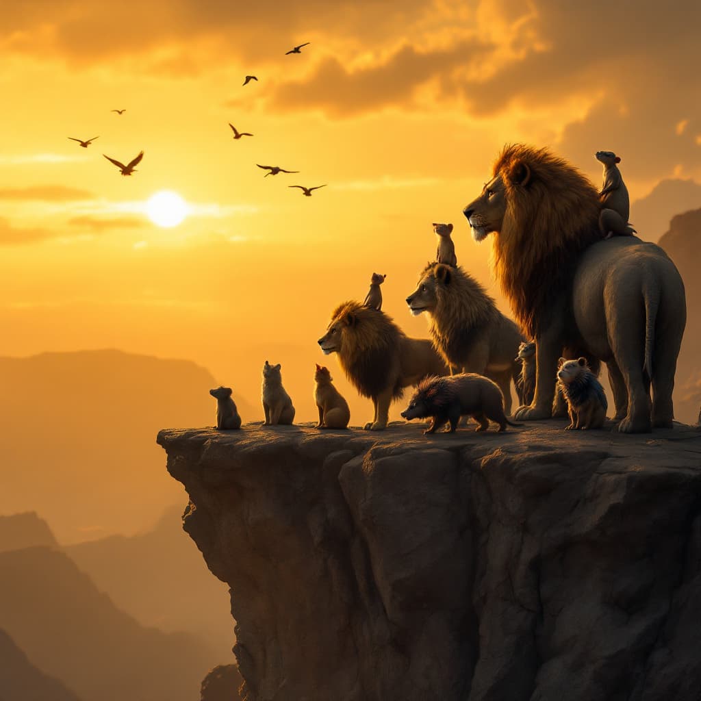 AI generated: A captivating scene at the edge of a rocky cliff, where a group of nine animals stands in unity as t...