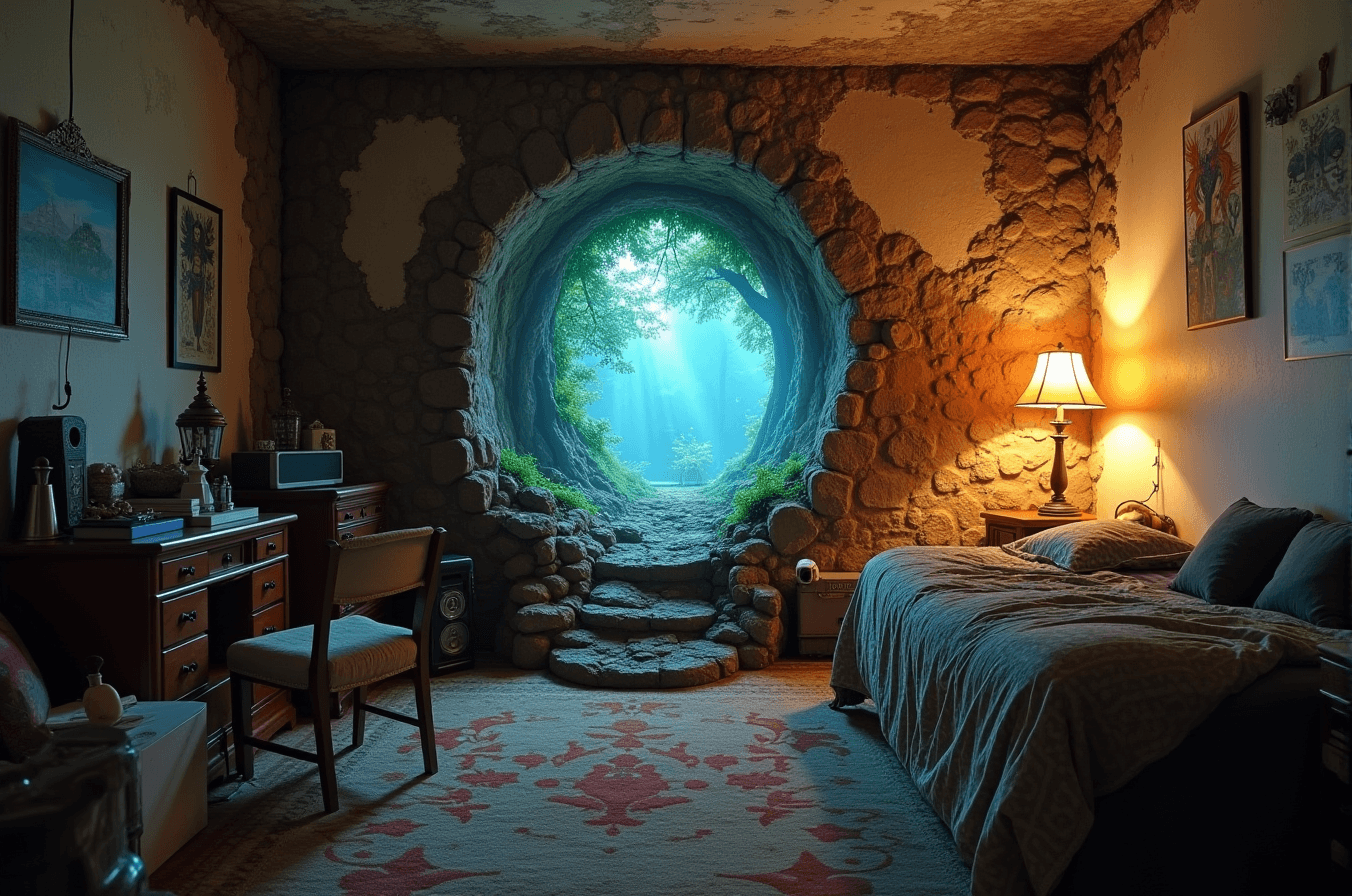AI generated: a portal into a mythical forest on the wall of my small messy bedroom
