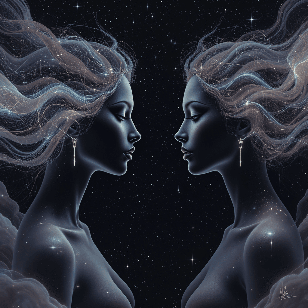 AI generated: Digital artwork featuring two ethereal female figures facing each other in a cosmic setting. The sty...