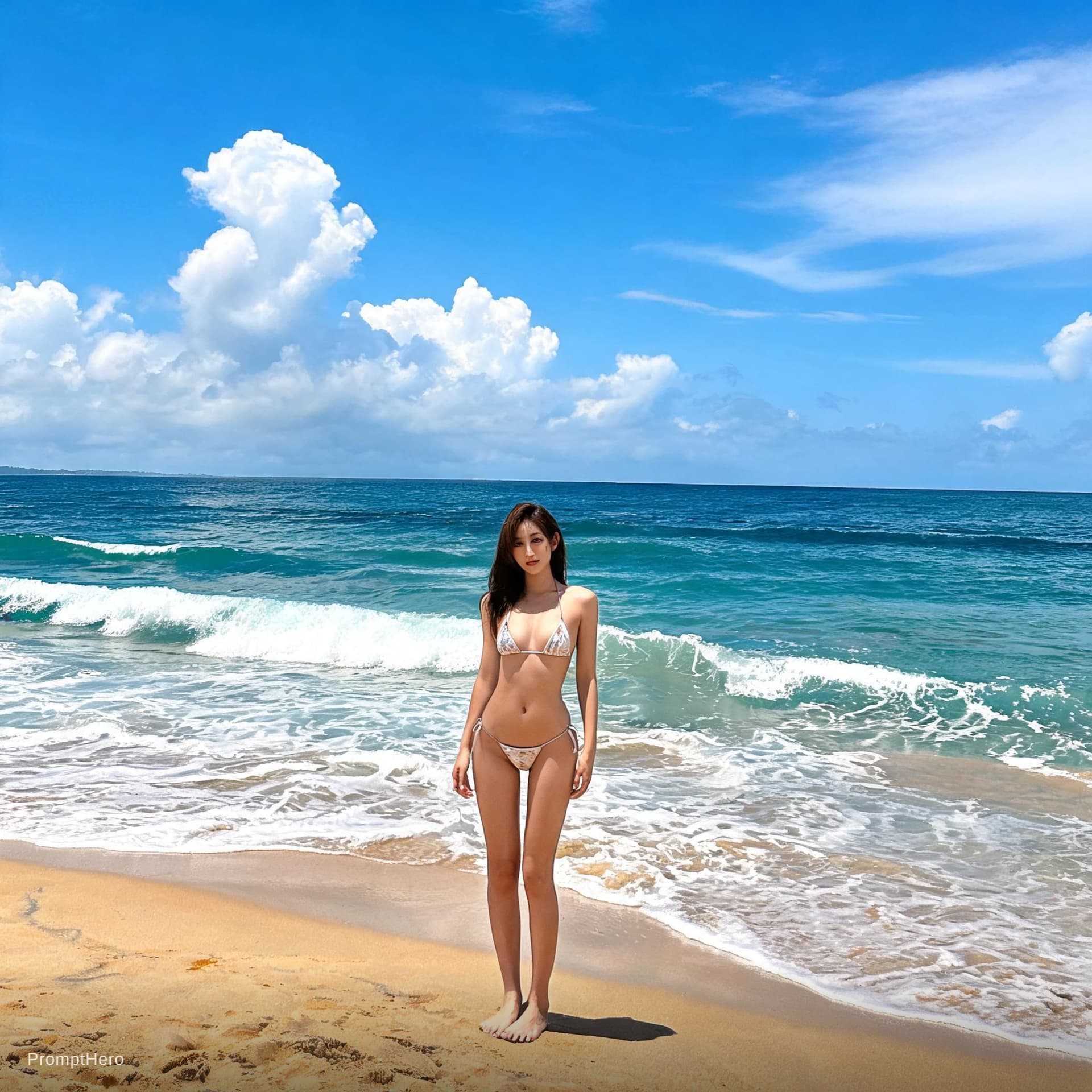 AI generated: Scarlett johansson in a sexy micro bikini, beach background 