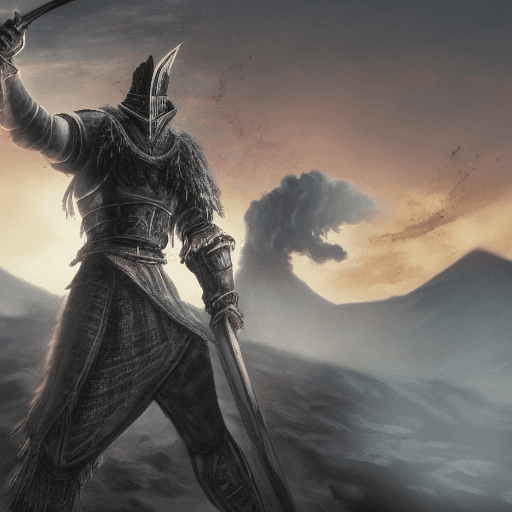AI generated: Dark souls sorcerer with a vulcano in the background