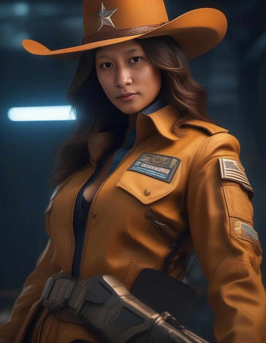 AI generated: (Space Cowgirl:1.4), (trenchcoat:1.4), (cowboy hat:1.4), Gundam armor and glowing accents. mecha, bo...