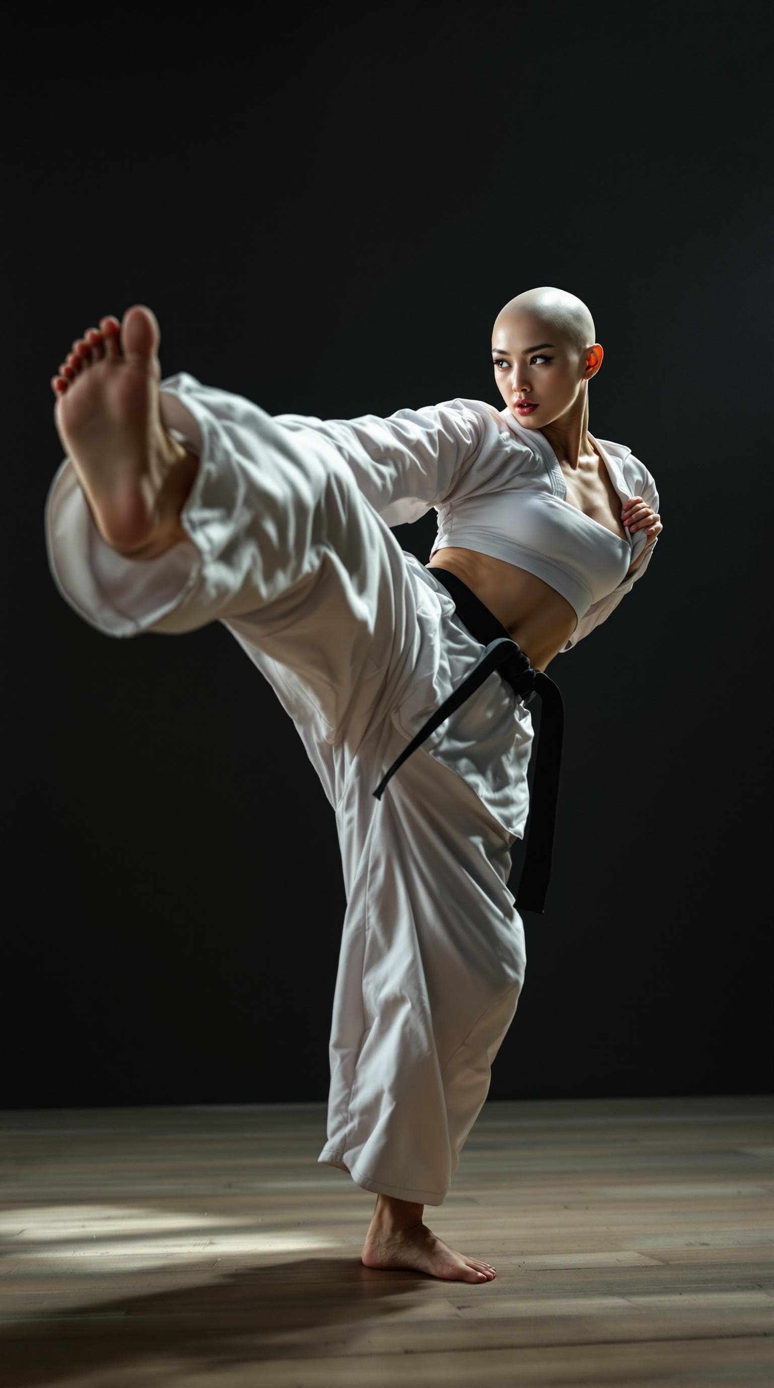 AI generated: Full body view of a beautiful bald, hairless Korean woman delivering a dynamic karate kick in a diml...