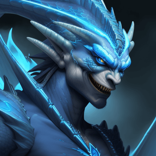 AI generated: A blue draconic humanoid, with blue lightning breath, attractive, with hair and scales, shrap teeth,...