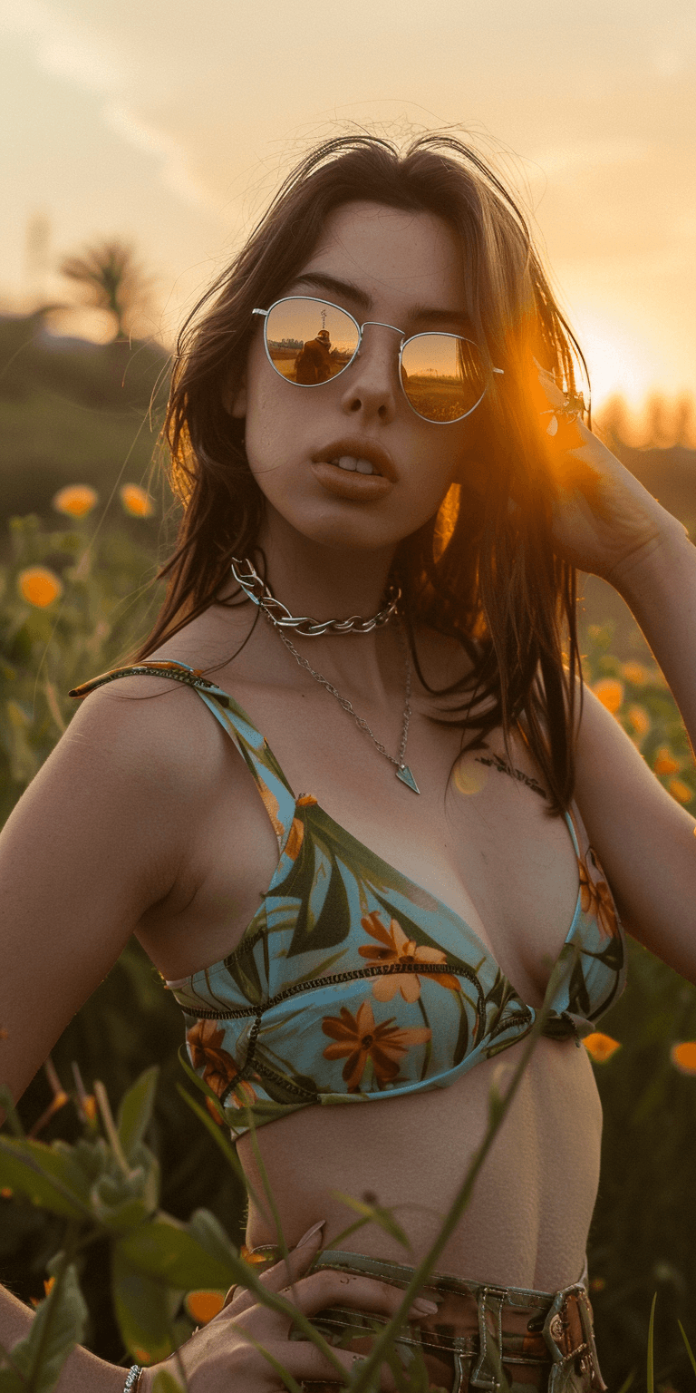 AI generated: Social media influencer photoshoot, natural pose, music festival, hyperrealistic, photorealism, shot...