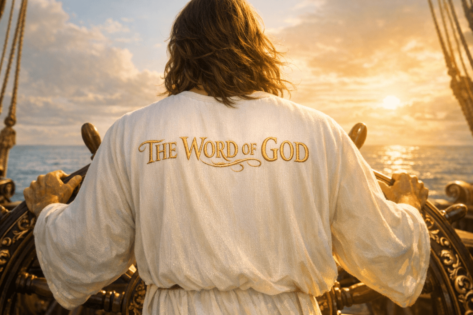AI generated: A powerful cinematic shot from directly behind Jesus Christ standing at the ornate baroque ship's he...