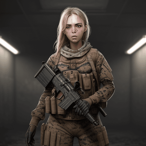 AI generated: caucasian female marine, dirty skin, gunatyou, gun, aiming at viewer, holding gun, to8contrast style...