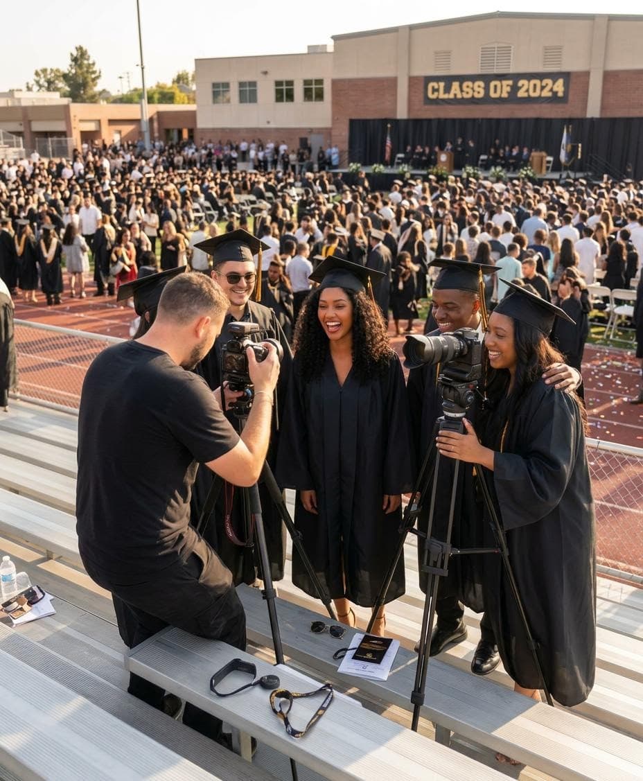 AI generated: Candid, hyper-realistic, taking pictures with classmates after college graduation ceremony 