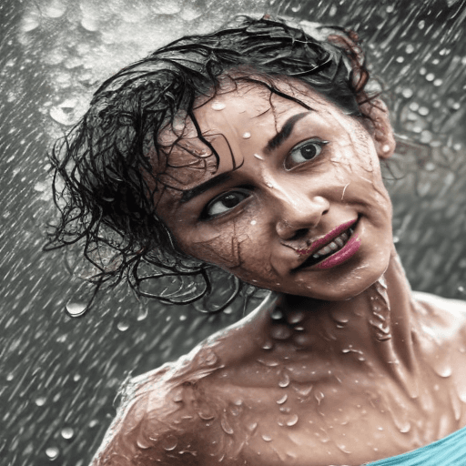 AI generated: A beautiful lady dancing in heavy rain, face and body are wet, messy bun hair  32k UHD, highly detai...