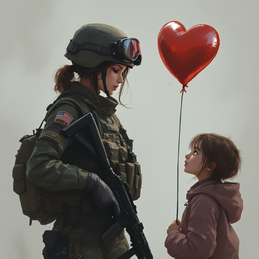AI generated: a female soldier with rifle, a girl with heart shaped balloon,