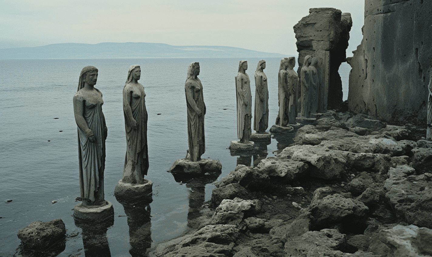 AI generated: A still from the film, showing ancient Greek sculptures and columns on an island in Greece with a bl...
