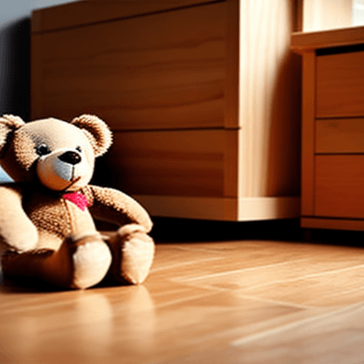 AI generated: a wooden toy box on a floor,  containing a small puzzled teddy bear lying alone . 