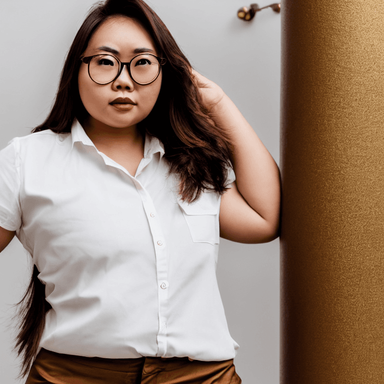 AI generated: an image of woman, full body , gold round glasses , brown curvy hair , asian , wearing white shirt ,...