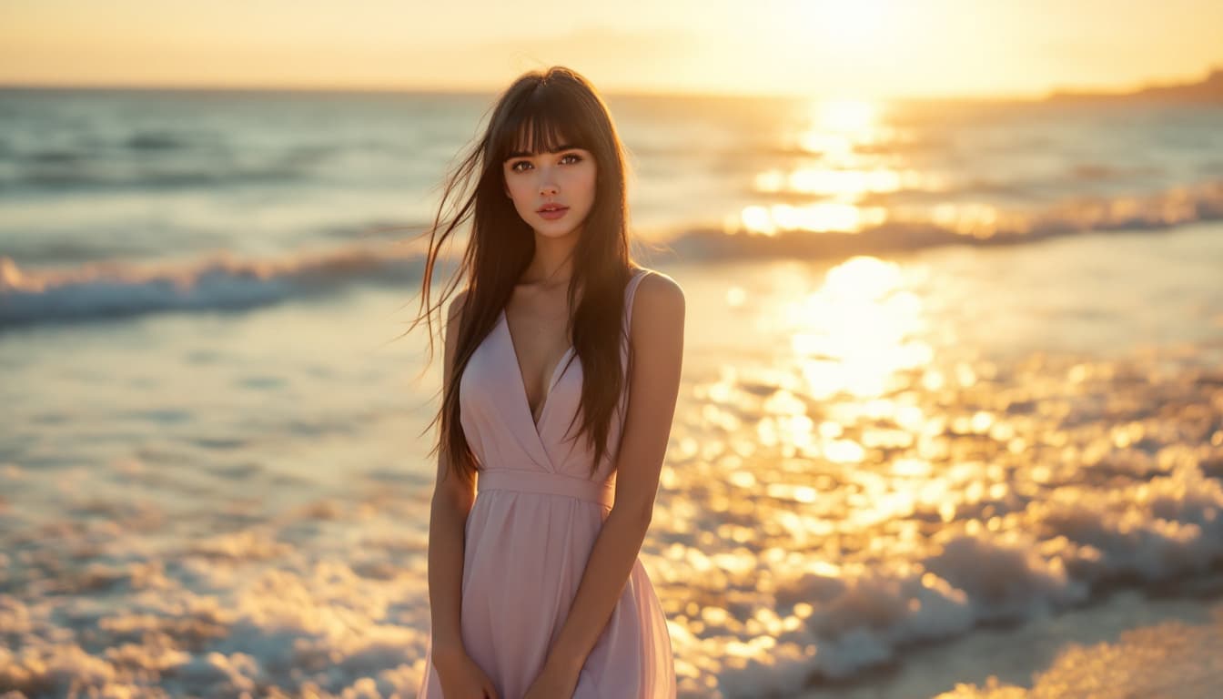 AI generated: In the rays of the setting sun, a beautiful 19-year-old girl with long straight dark hair and bangs,...
