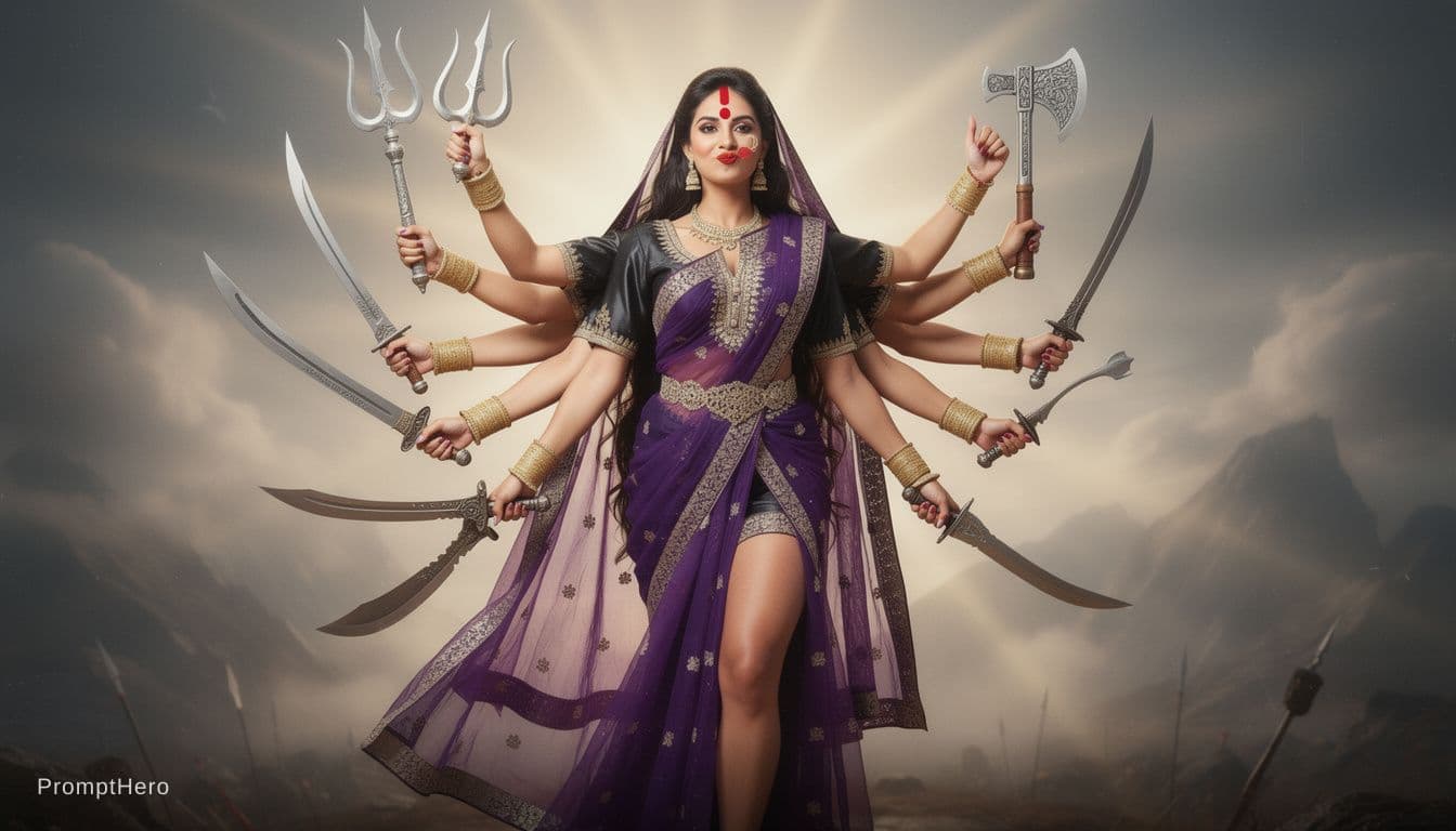 AI generated: an ultra-realistic, full-body portrait of a captivating Devi durga with 10 hands wach carrying weapo...