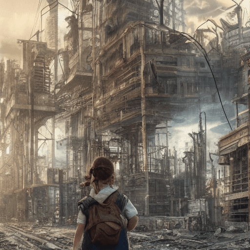 AI generated: In a dystopia, A young girl wanders into a post apocalyptic steampunk skyscraper、One little girl's b...