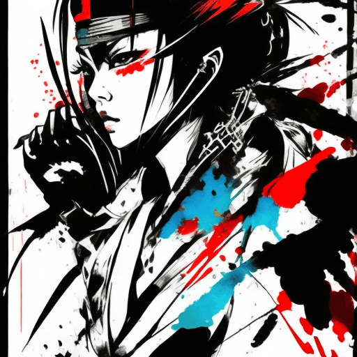 AI generated:  A complete depiction of a female ninja in the iconic style of Yoji Shinkawa, featuring fine, beauti...
