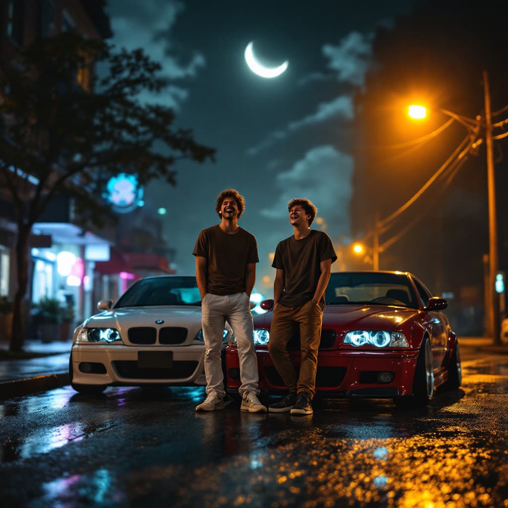 AI generated: Two brothers mid-laugh under a flickering amber streetlight at 3 AM. Older wears a coffee-brown tee ...