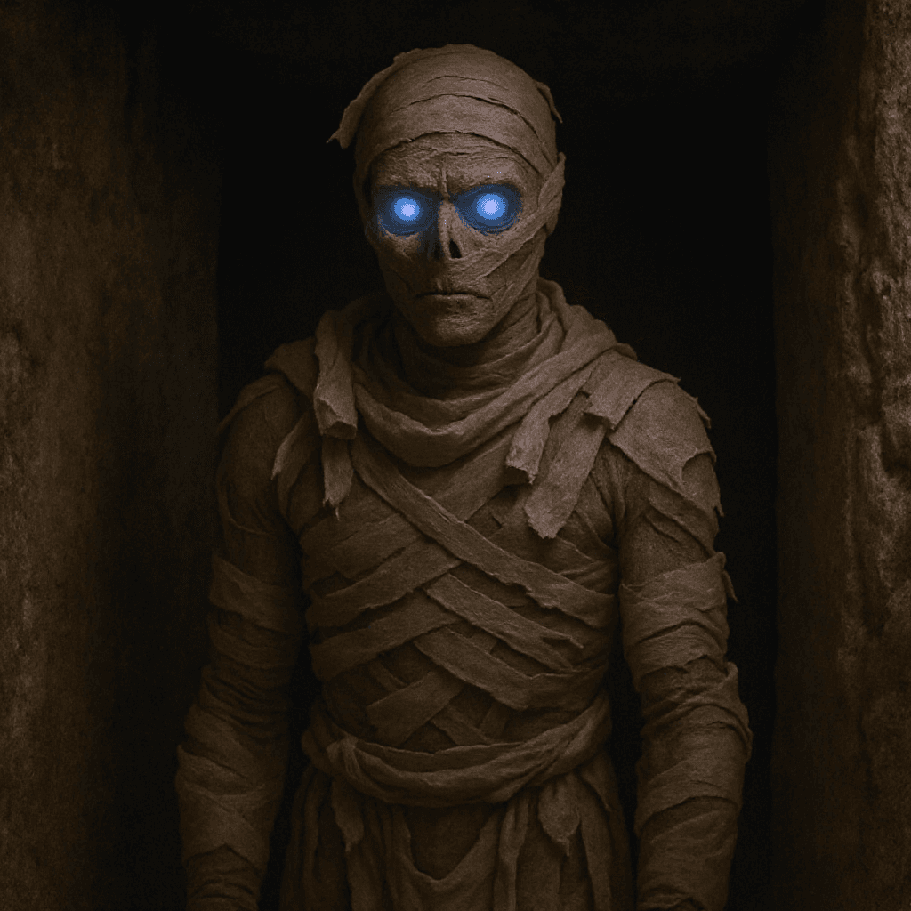 AI generated: A mummy wrapped in ancient tattered bandages, glowing blue eyes, standing in a dusty tomb.