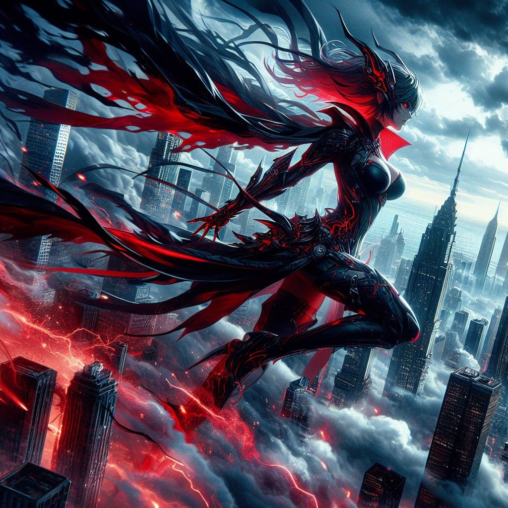 AI generated: high ground angle shot, stormy weather skyscrappers on low ground, a sexy queen of vampires in actio...