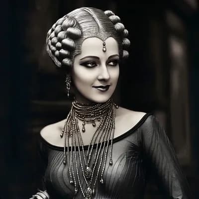 AI generated video: A woman from the far future looks to her right then to her left then looks at the camera and smiles,...