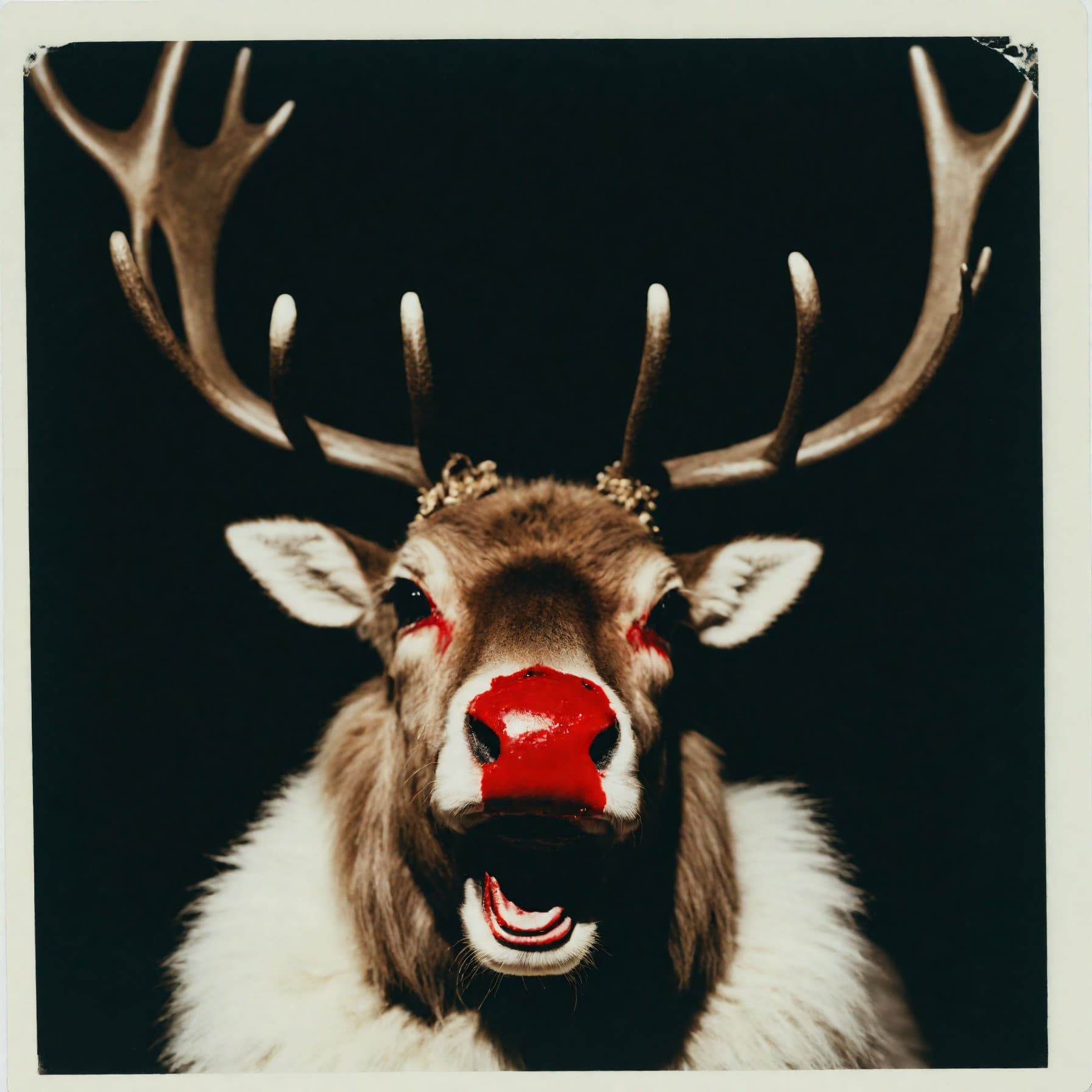 AI generated: A disturbing polaroid picture of an evil Rudolph the reindeer with a bloody nose, (((by robert egger...