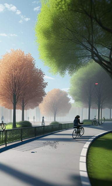AI generated: park with a cycle path on the outside which has polluted air and few trees and is realistic 8k, 