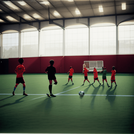 AI generated: Full color indoor soccer field photography of an coach soccer man in soccer uniform with his student...