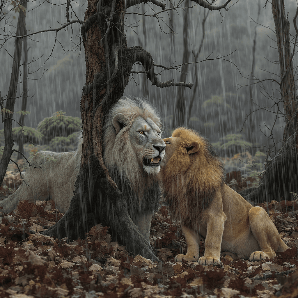 AI generated: un león en la selva que ataca un ciervo en un día de lluvia