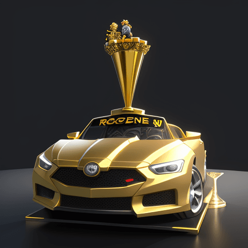 AI generated: Roblox avatar is holding a golden trophy while posing / sitting on top of the sports cars hood displ...