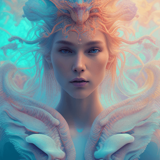 AI generated: Goddess close-up portrait ribcagel. jellyfish phoenix head, nautilus, orchid, skull, betta fish, bio...